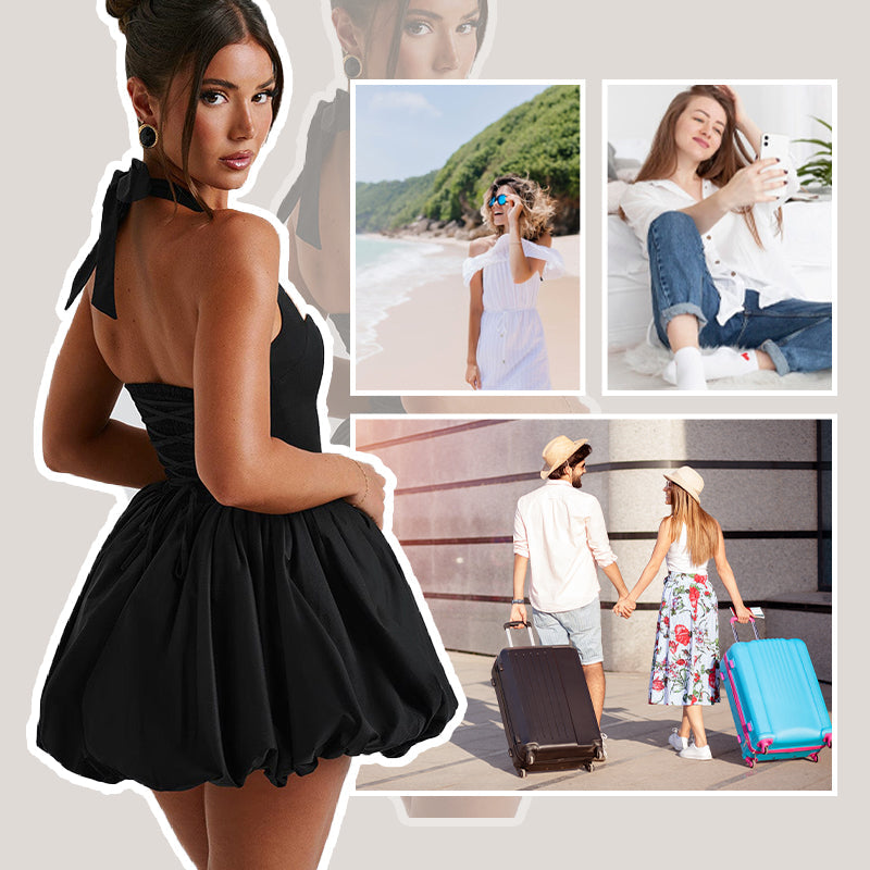 Women's Sexy Slim Puff Dress with Halter Neck and Bow