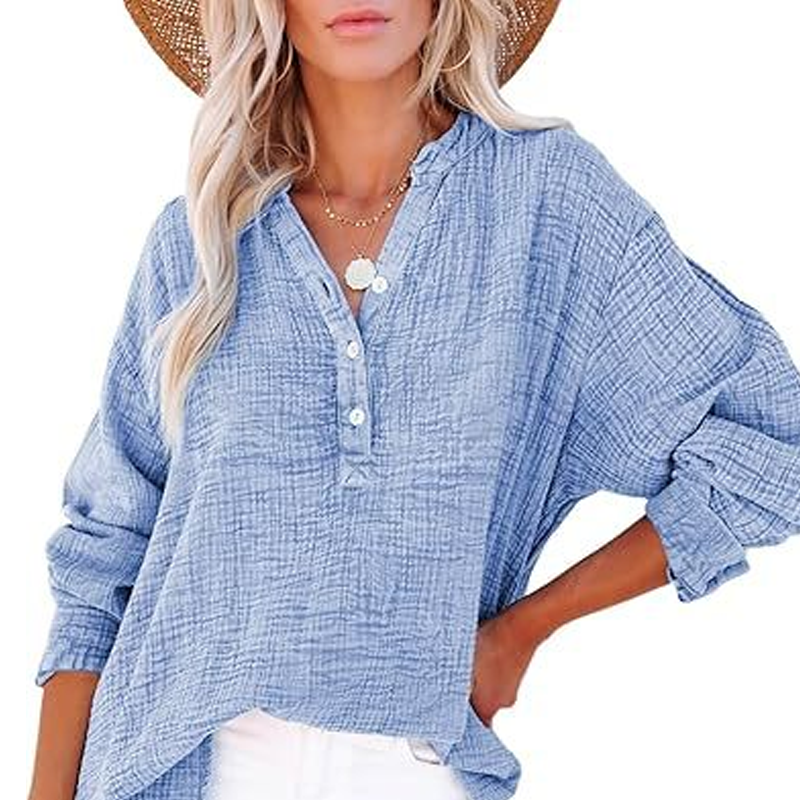💖Limited Sale 60% OFF💖Women’s Casual Gauze Button Neck Long Sleeve Blouse