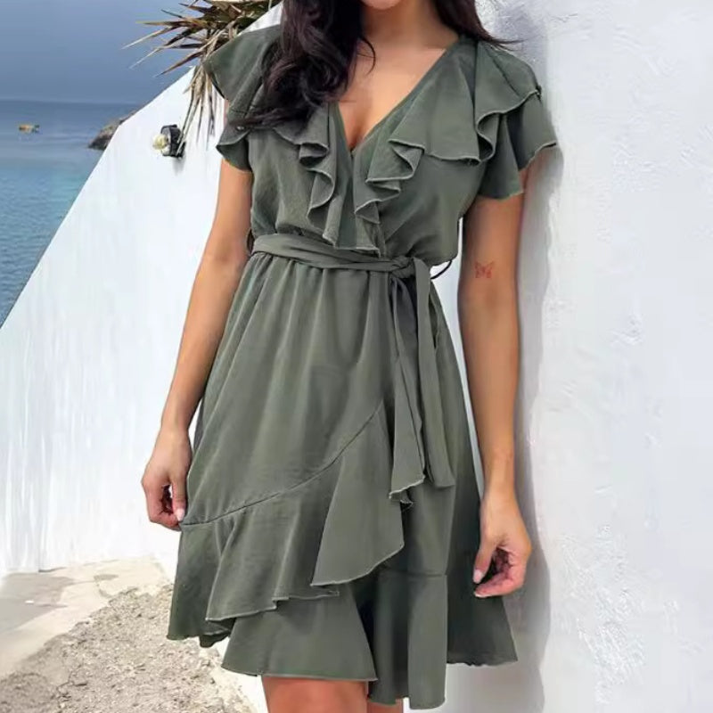 💖LAST DAY SALE 49% OFF💷Women's Elegant Waist Tie V-Neck Ruffle Dress