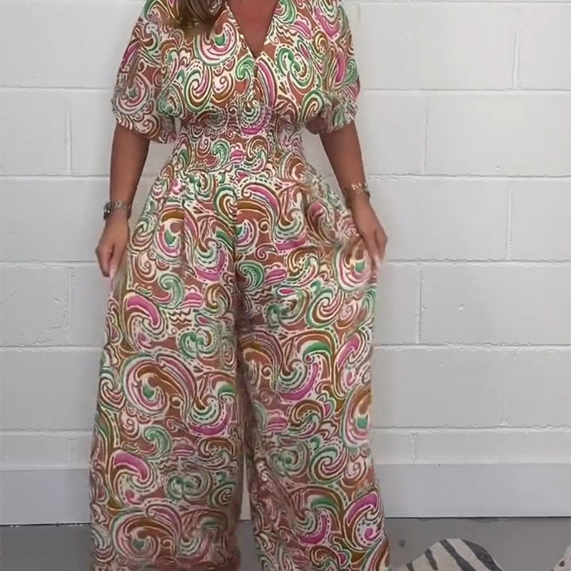 💖LAST DAY SALE 50% OFF💖Women's V-Neck Printed Short-Sleeve Jumpsuits