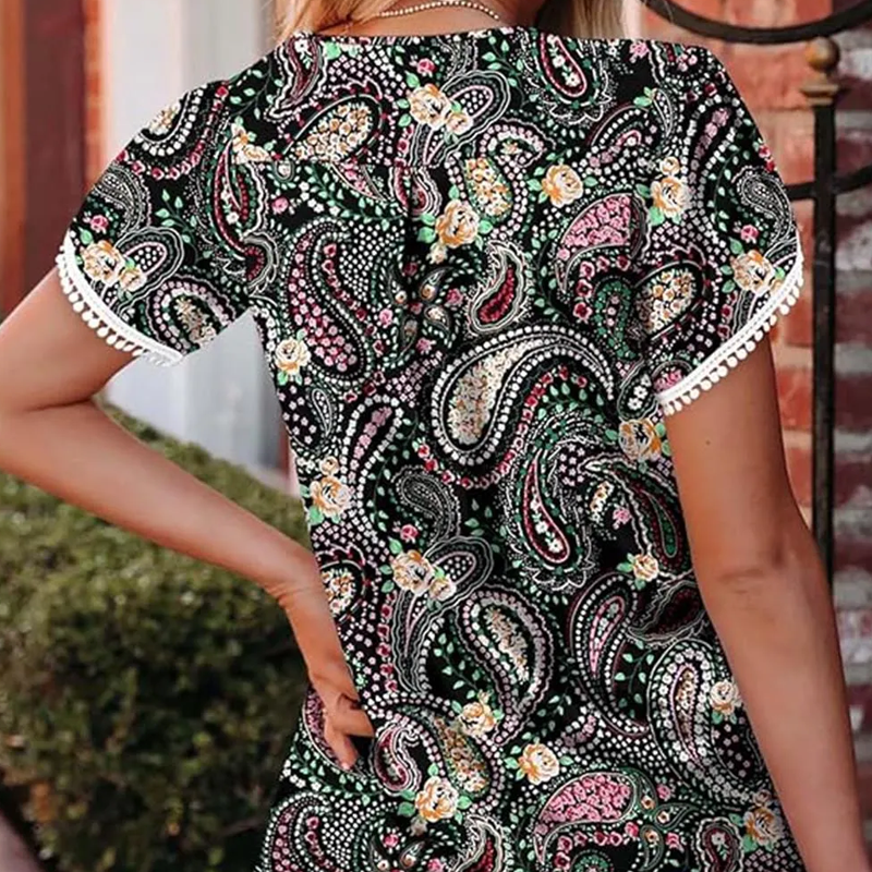 💖 SUMMER NEW💖Women's Cute Fringe Cuff Short-Sleeve Printed Tops