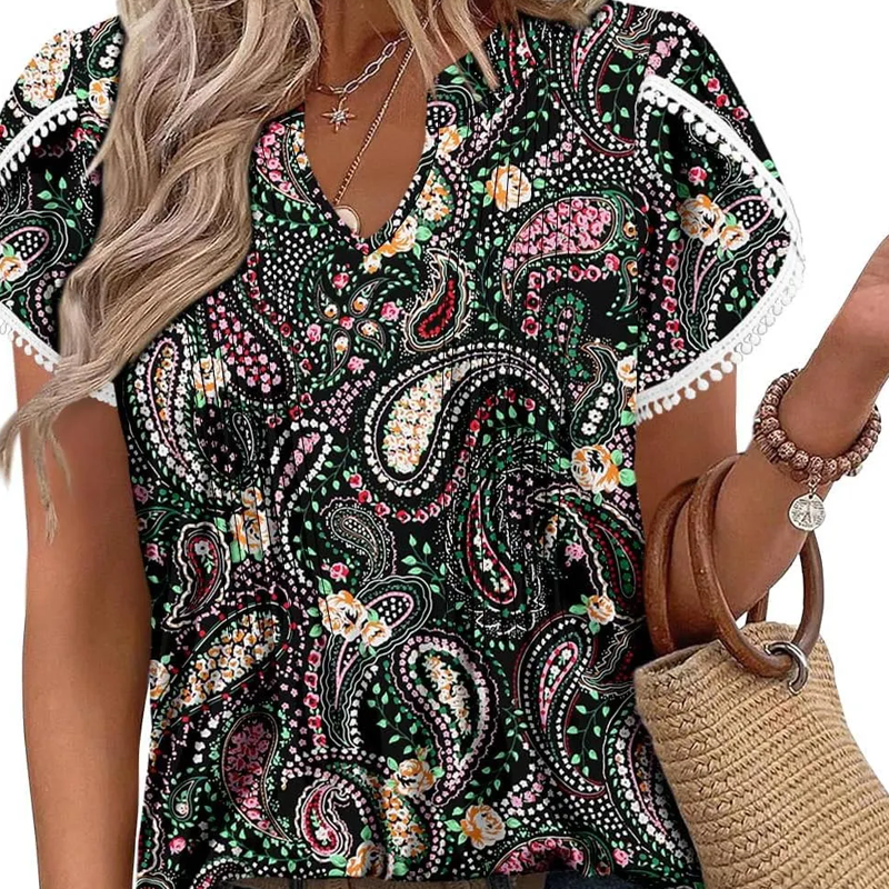 💖 SUMMER NEW💖Women's Cute Fringe Cuff Short-Sleeve Printed Tops