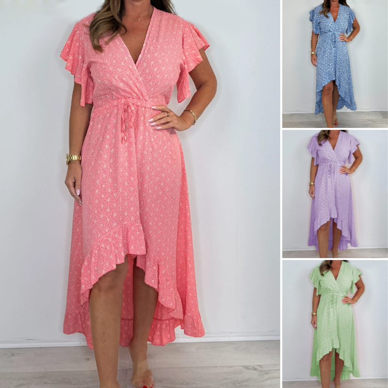 Women's Resort Style V-Neck Printed High-Low Ruffle Sleeve Dress