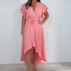 Women's Resort Style V-Neck Printed High-Low Ruffle Sleeve Dress