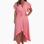 Women's Resort Style V-Neck Printed High-Low Ruffle Sleeve Dress