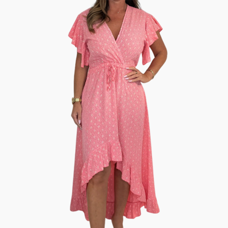 Women's Resort Style V-Neck Printed High-Low Ruffle Sleeve Dress