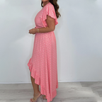 Women's Resort Style V-Neck Printed High-Low Ruffle Sleeve Dress