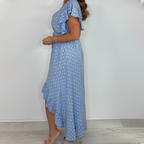 Women's Resort Style V-Neck Printed High-Low Ruffle Sleeve Dress