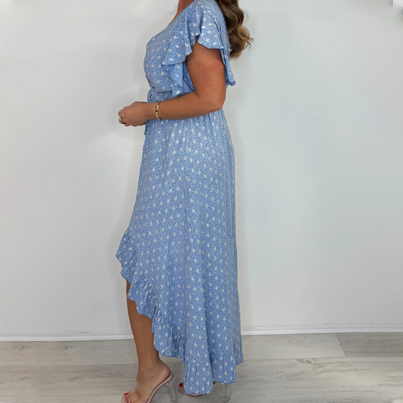 Women's Resort Style V-Neck Printed High-Low Ruffle Sleeve Dress