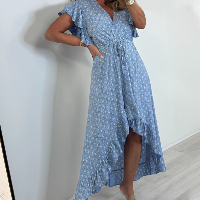 Women's Resort Style V-Neck Printed High-Low Ruffle Sleeve Dress
