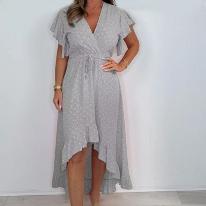Women's Resort Style V-Neck Printed High-Low Ruffle Sleeve Dress