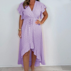 Women's Resort Style V-Neck Printed High-Low Ruffle Sleeve Dress