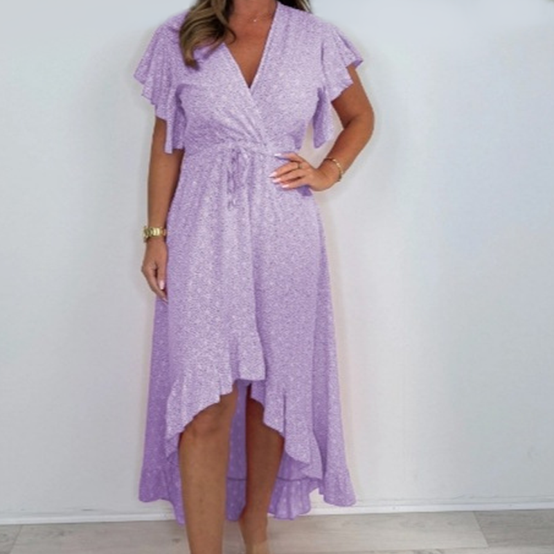 Women's Resort Style V-Neck Printed High-Low Ruffle Sleeve Dress