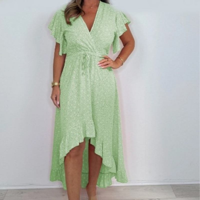 Women's Resort Style V-Neck Printed High-Low Ruffle Sleeve Dress