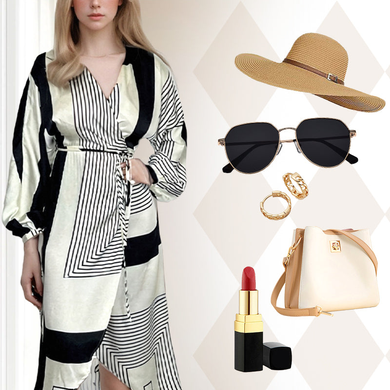 V-Neck Printed Long Sleeve Dress