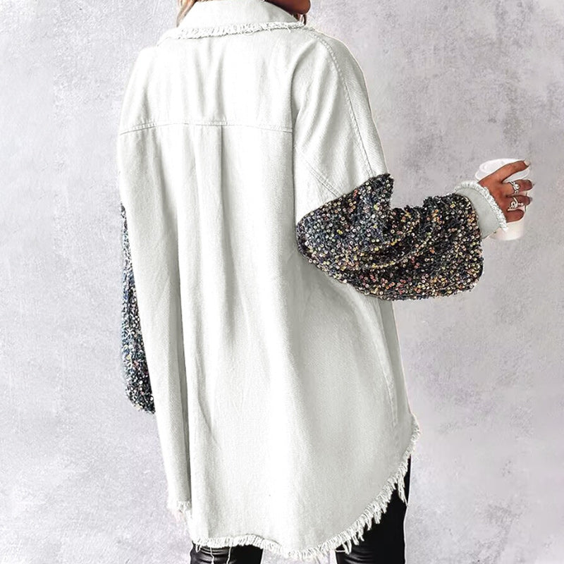 🔥Hot Sale 50% OFF⏳Women's Trendy Sequin Patchwork Coat with Raw Hem
