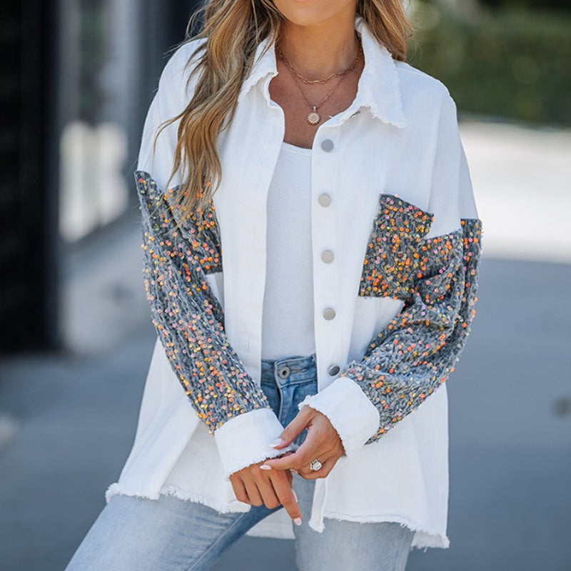 🔥Hot Sale 50% OFF⏳Women's Trendy Sequin Patchwork Coat with Raw Hem