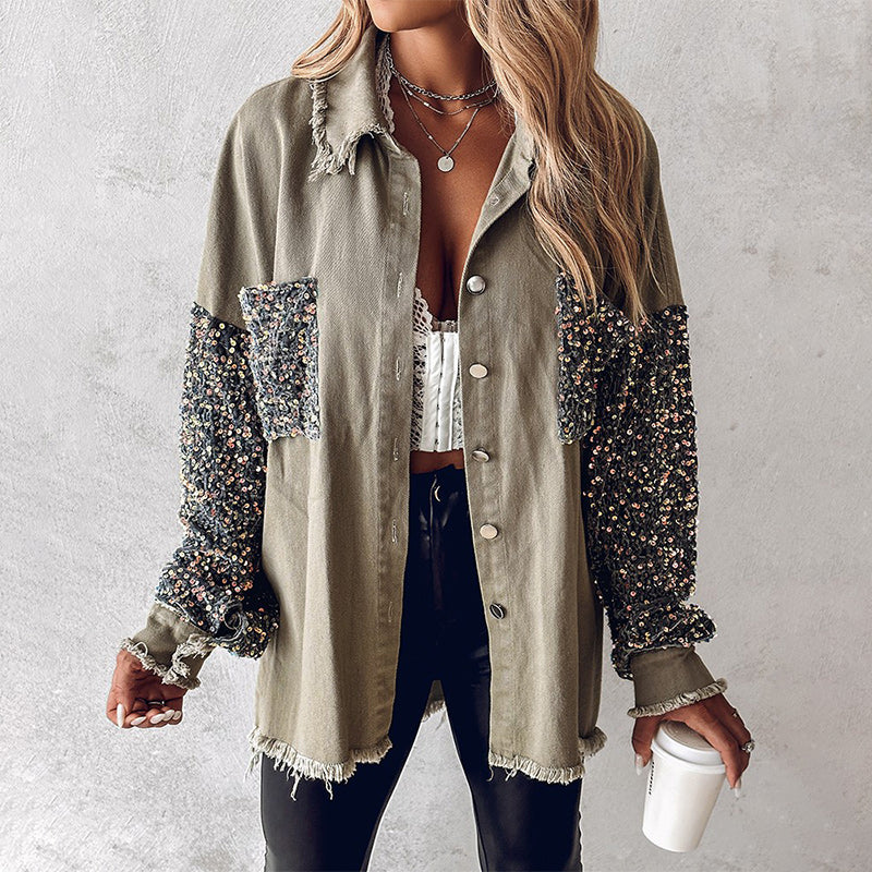 🔥Hot Sale 50% OFF⏳Women's Trendy Sequin Patchwork Coat with Raw Hem