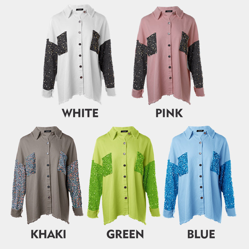 🔥Hot Sale 50% OFF⏳Women's Trendy Sequin Patchwork Coat with Raw Hem