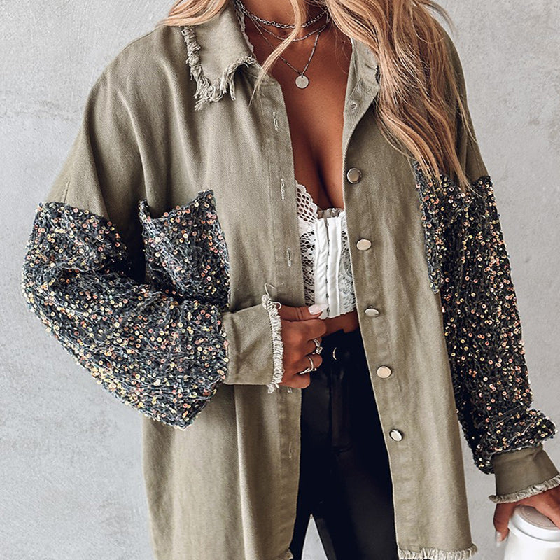 🔥Hot Sale 50% OFF⏳Women's Trendy Sequin Patchwork Coat with Raw Hem