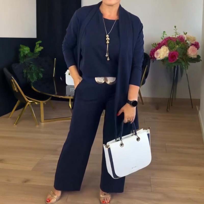 👗 Elegant Longline Cardigan 3-Piece Set – Soft Fabric, Chic Top & Pants for Office Commute & Daily Outings ✨