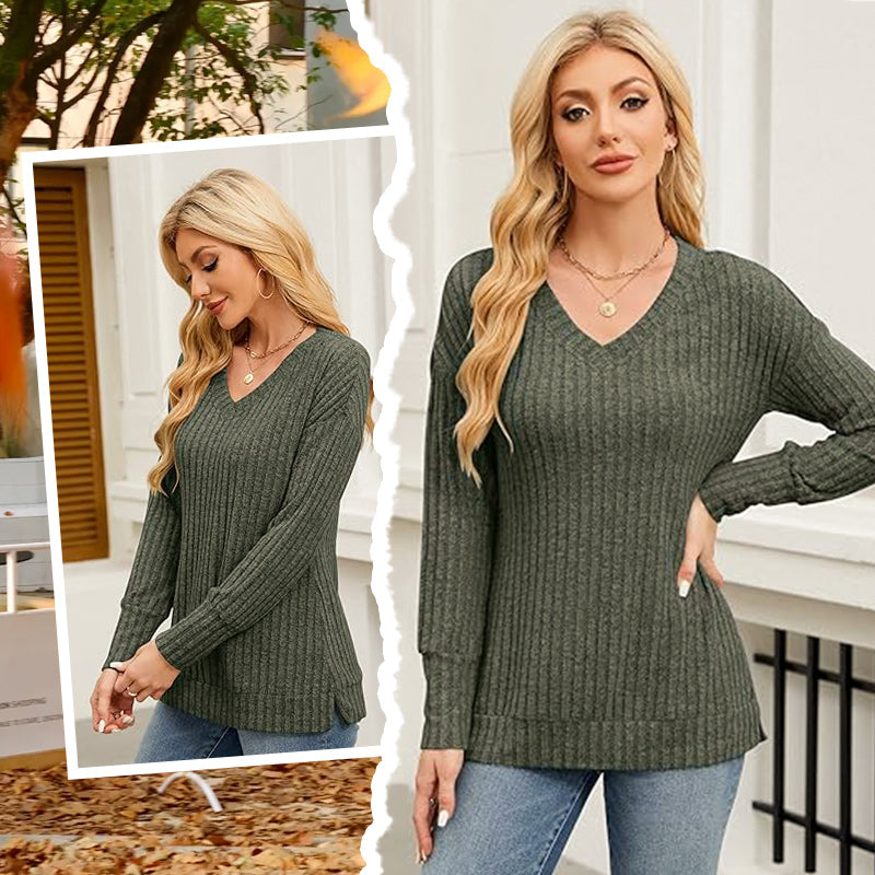 🔥50% off sale now!-Women's V Neck Long Sleeve Solid Sweater